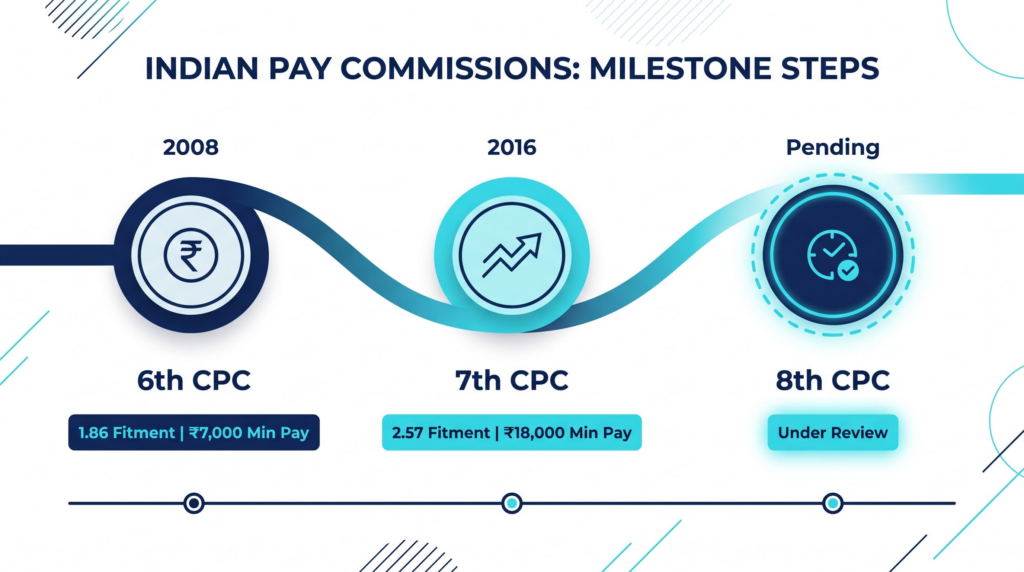 Timeline infographic showing the progression of fitment factors and minimum basic pay from the 6th to the 8th Pay Commission