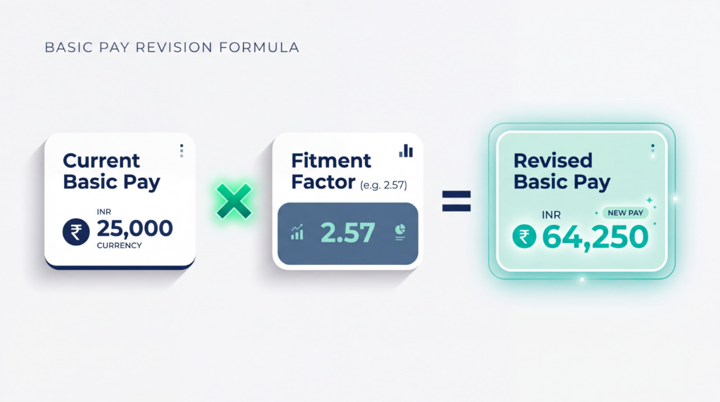Infographic formula showing how existing basic pay is multiplied by the fitment factor to calculate revised basic pay