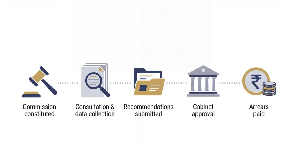 Simple timeline icons showing the stages between a pay commission being formed and arrears finally being paid