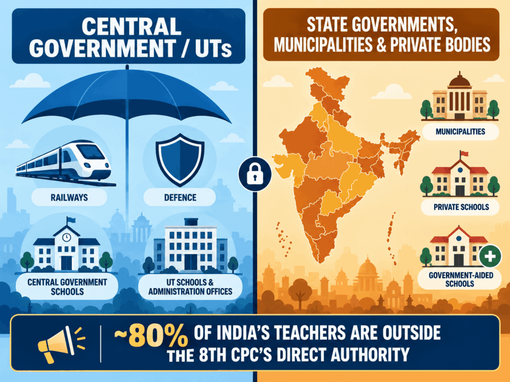 Split diagram showing that central government and Union Territory teachers fall under the 8th Pay Commission while state, municipal, and private school teachers are controlled by state governments