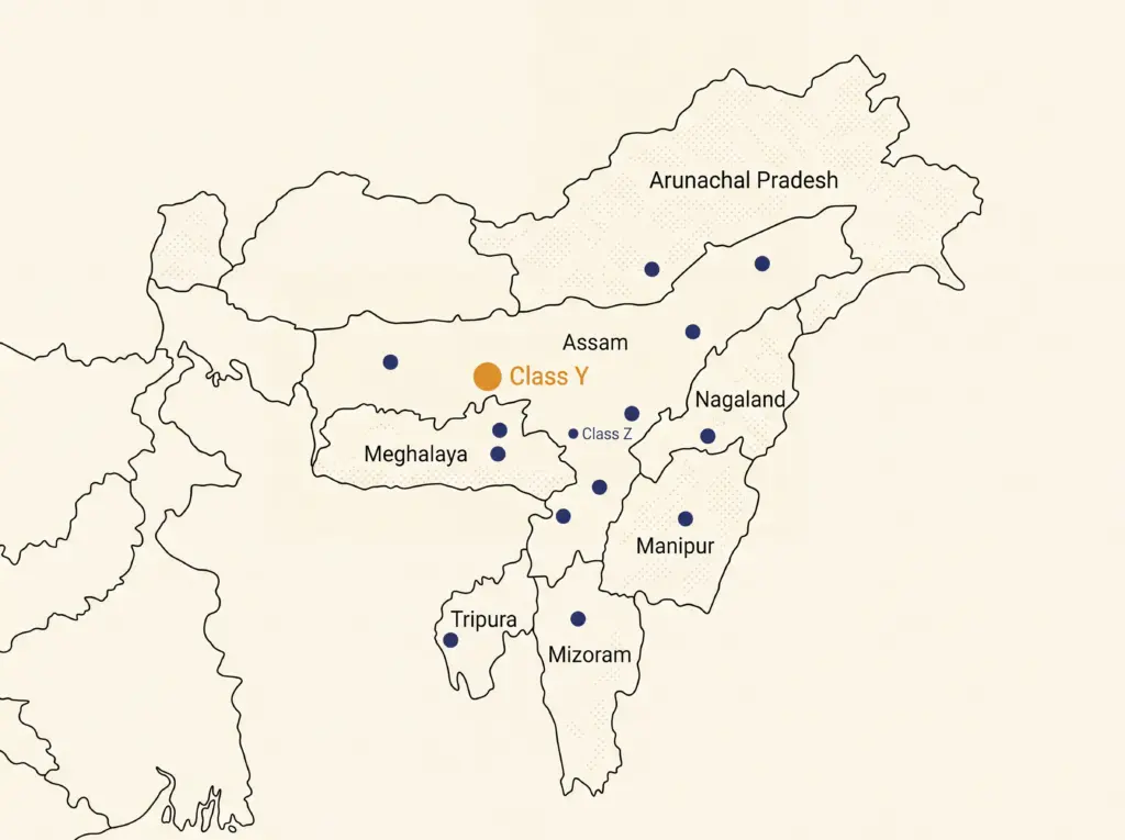 Simplified regional map highlighting that Guwahati is the only Northeast city meeting the Class Y population threshold while cities like Kohima and Dimapur remain Class Z
