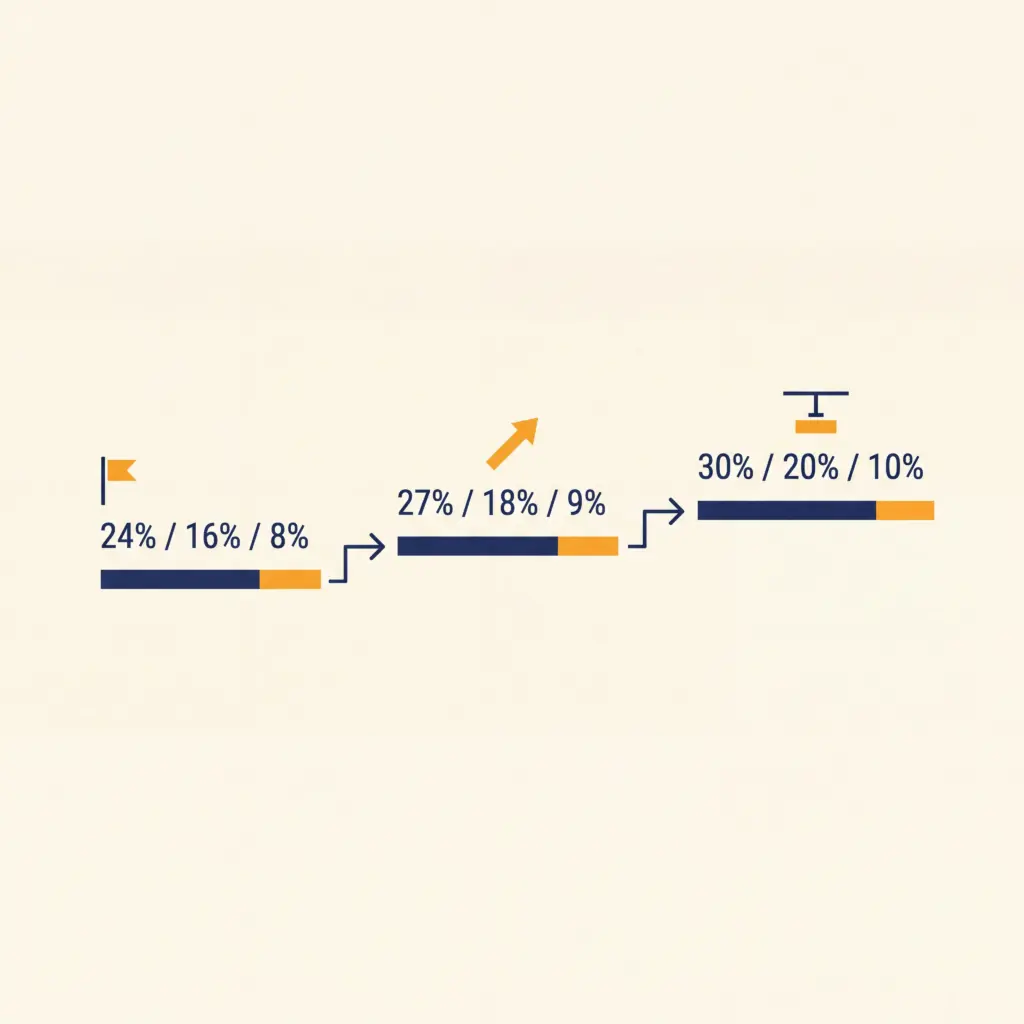 Timeline graphic showing HRA percentage rates rising from 24-16-8 percent to 27-18-9 percent to 30-20-10 percent as Dearness Allowance crossed 25 and 50 percent