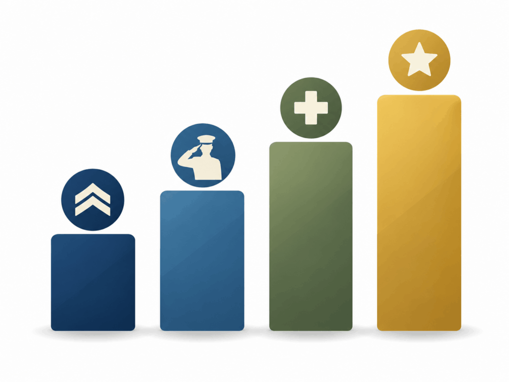 Bar chart comparing Military Service Pay rates for JCOs and other ranks, officers, Military Nursing Service officers, and Major General and above